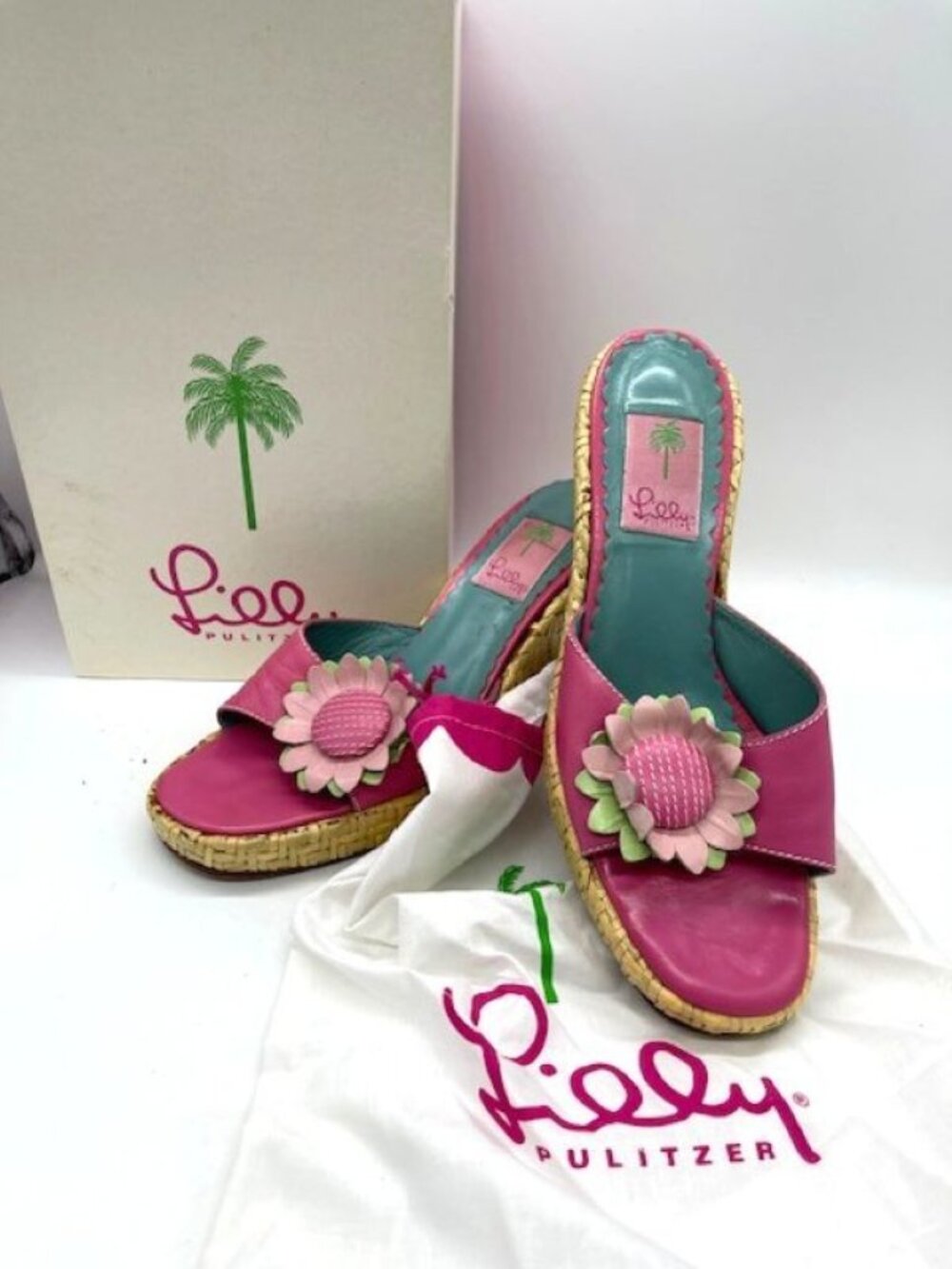 Lilly Pulitzer Hot Pink Leather Flower Rattan High Wedge Sandal Size 9